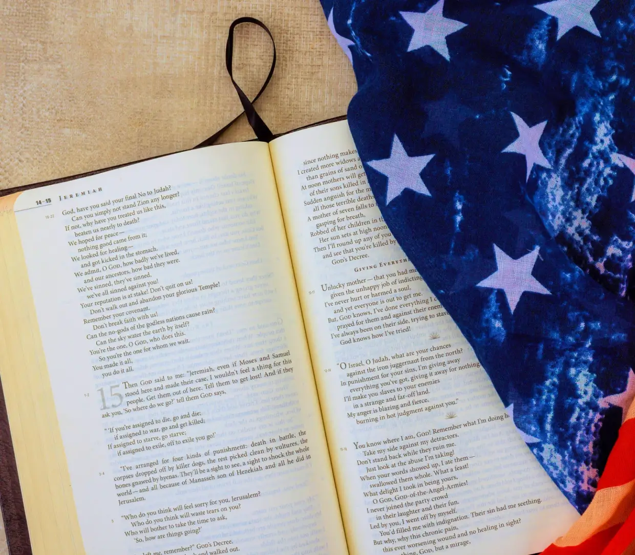 Open Bible with American flag fabric