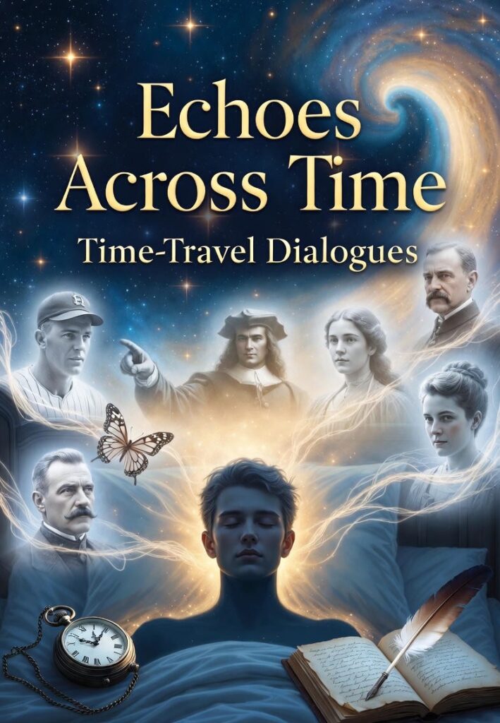 Dreamlike time-travel book cover with historical figures